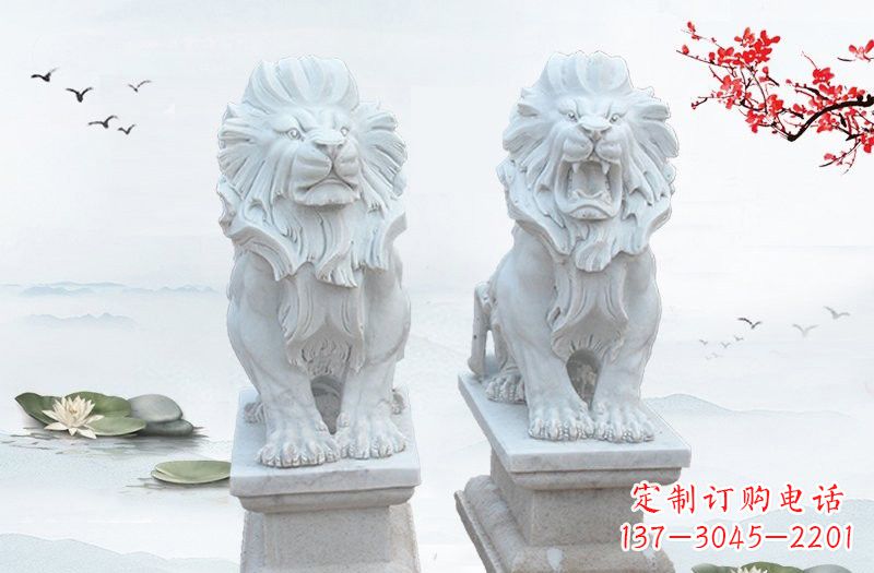 烟台精美雕刻的汉白玉西洋狮子