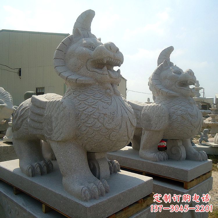 烟台汉白玉獬廌解豸石雕-上古神兽动物雕塑摆件