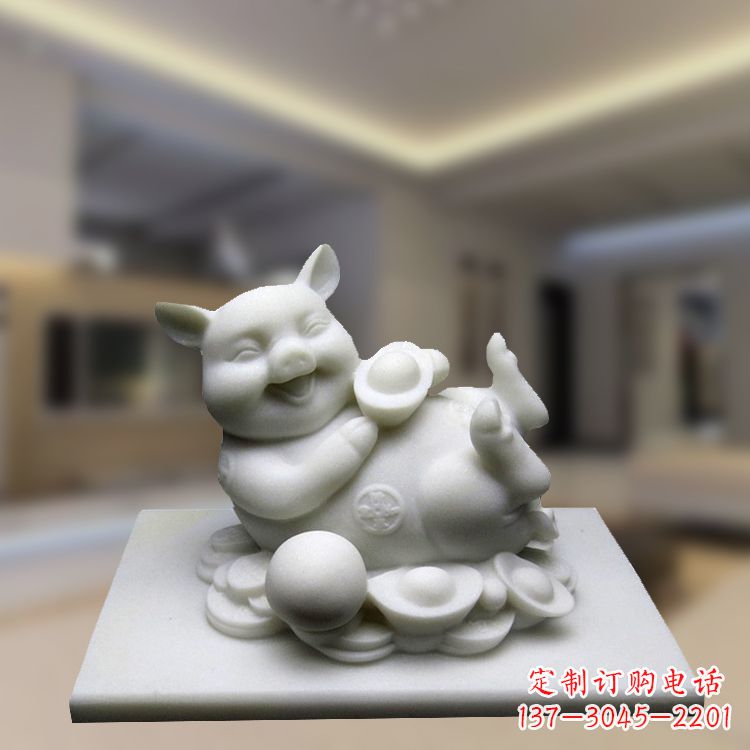 烟台汉白玉动物雕塑,招财猪石雕精美装饰