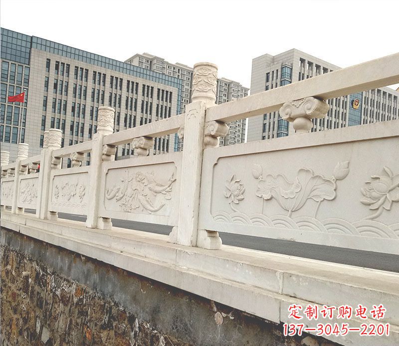 烟台荷花鲤鱼石浮雕汉白玉石栏板石雕