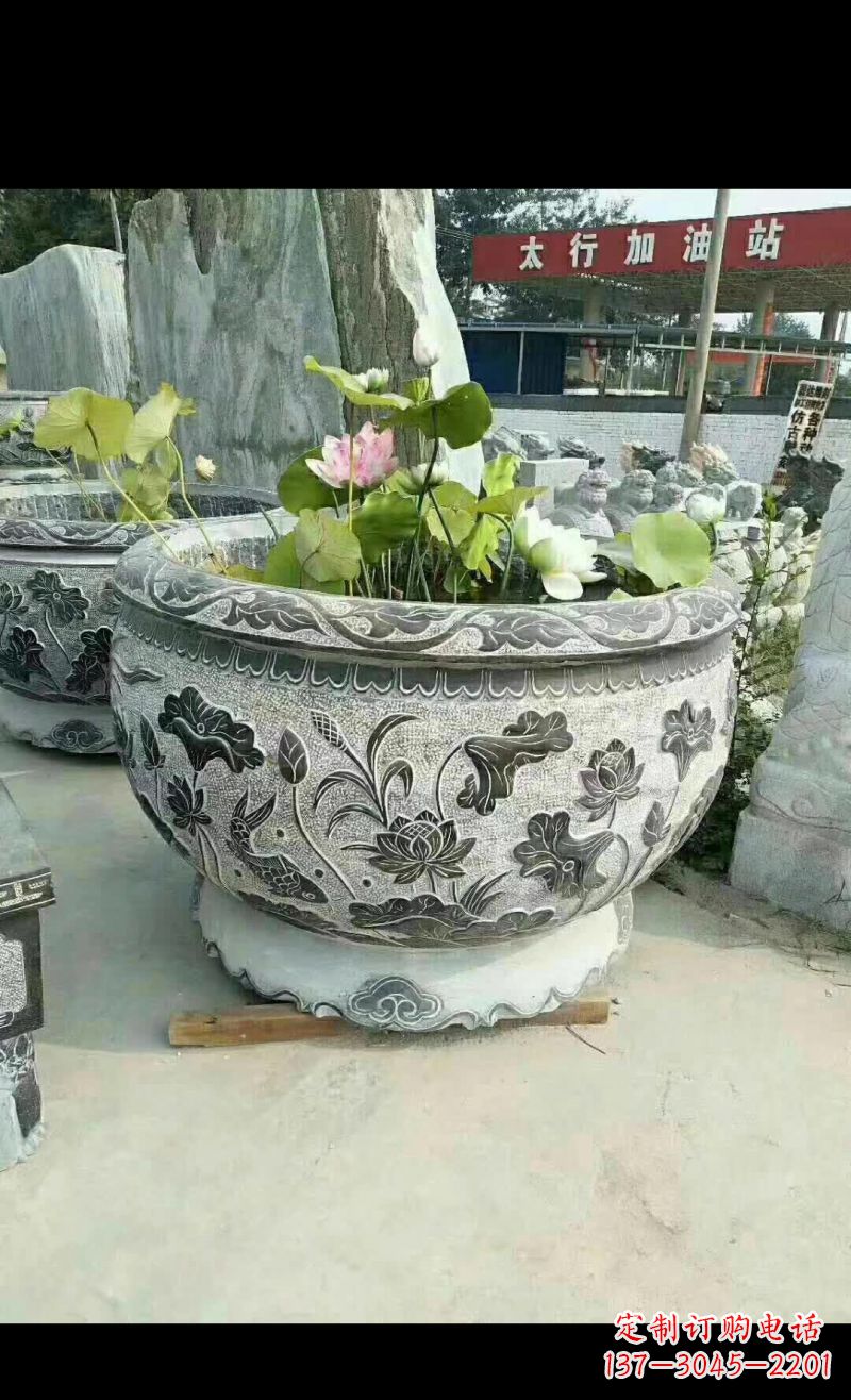 烟台精美荷花鲤鱼石浮雕水缸
