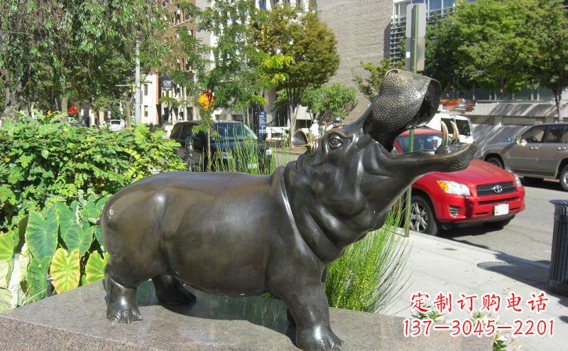 烟台精美细腻的街边河马铜雕