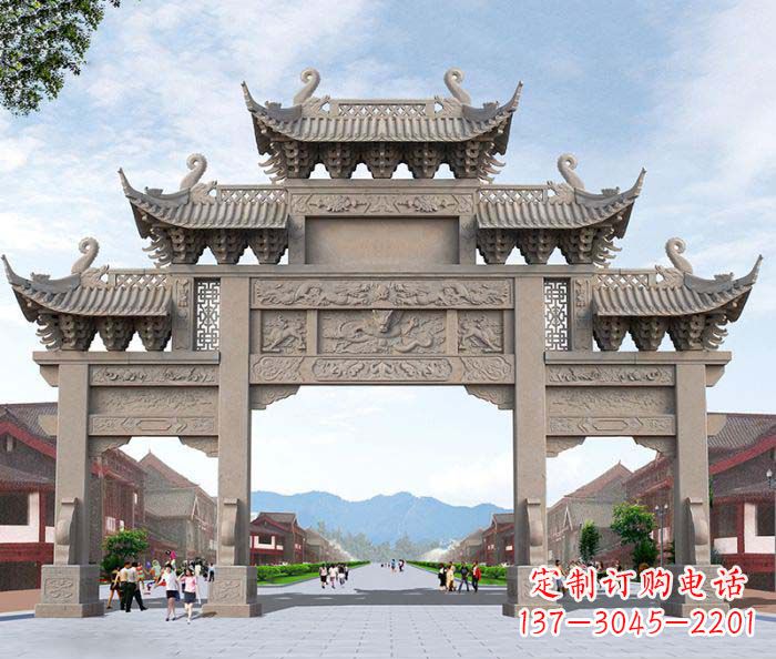 烟台景区三门石雕牌楼——精美雕塑定制