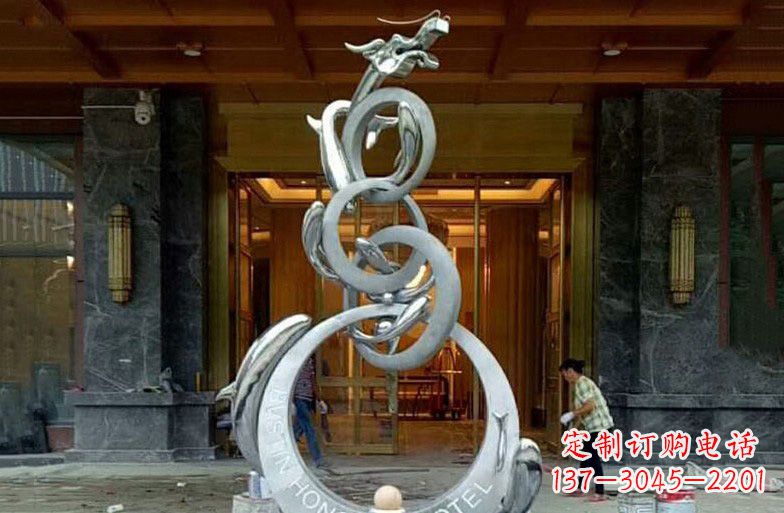 烟台酒店不锈钢抽象鱼跃龙门雕塑