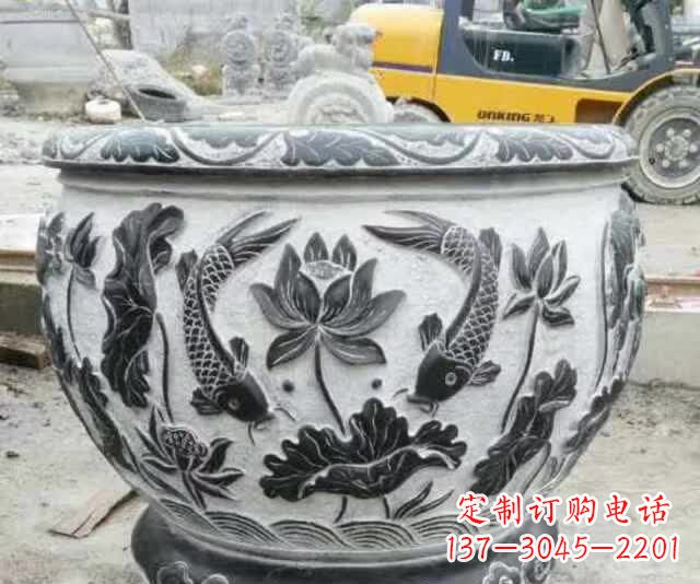 烟台鲤鱼荷花石浮雕水缸