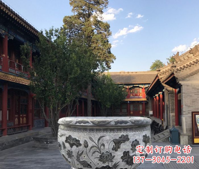 烟台连年有鱼石浮雕圆形荷花水缸