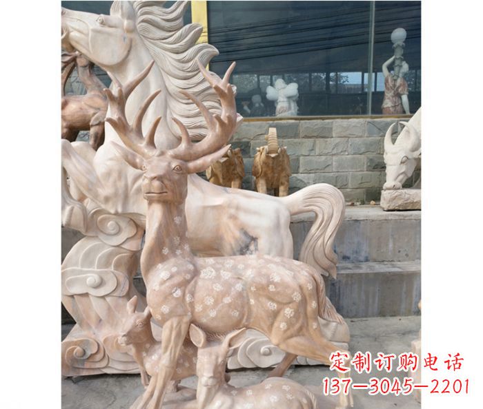 烟台母子梅花鹿公园动物石雕