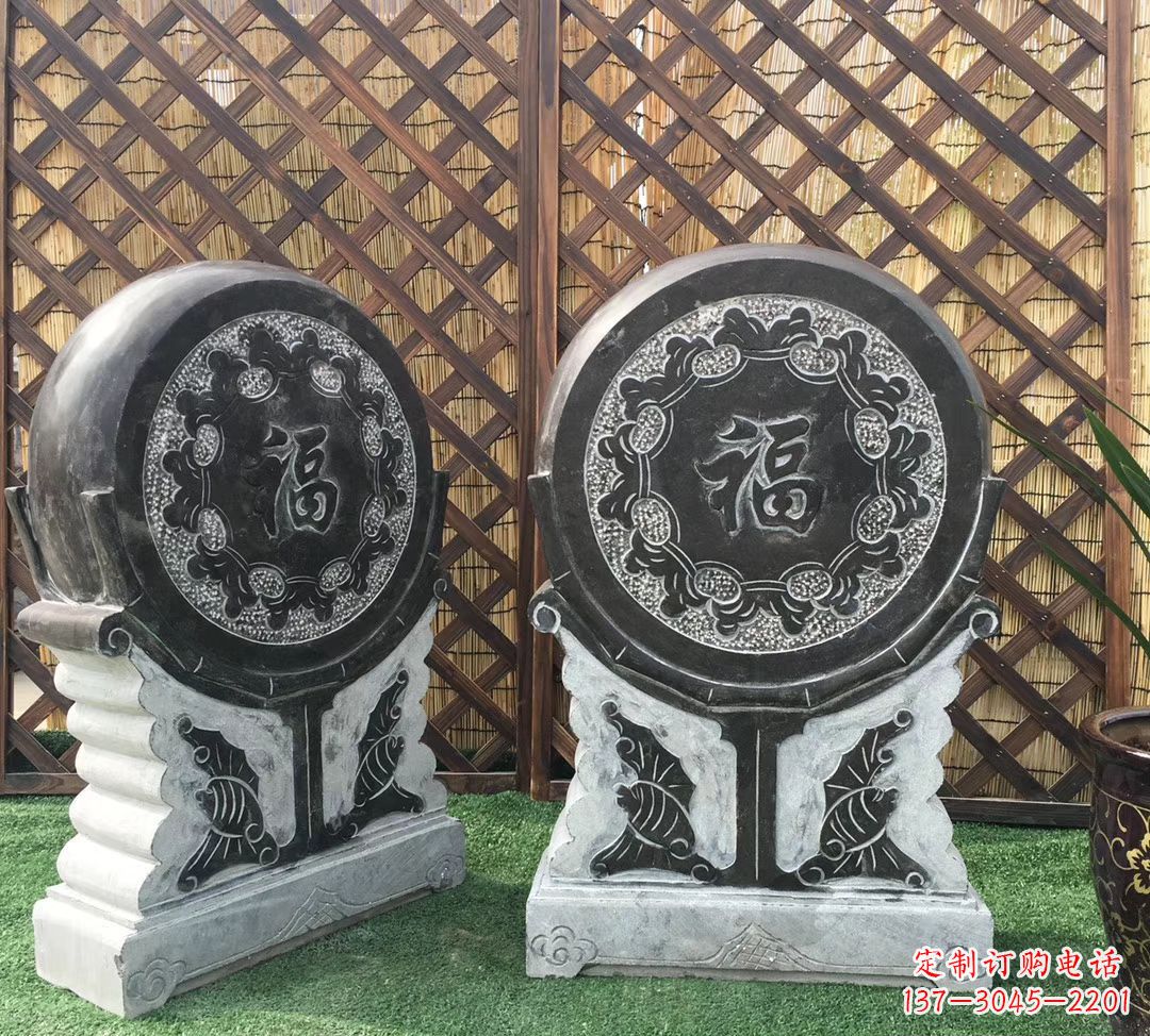 烟台青石仿古福字抱鼓雕塑,让您的家园更加美观