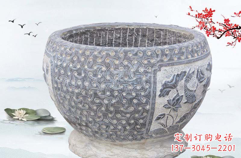 烟台青石仿古鲤鱼浮雕水缸,精致雕塑设计