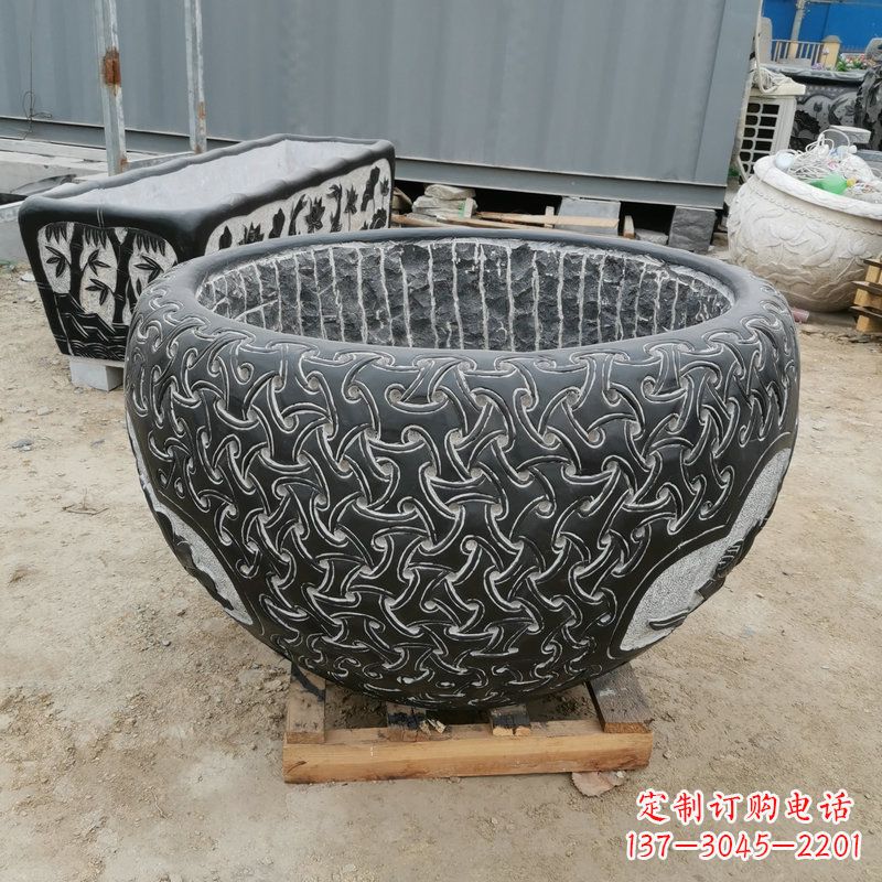 烟台青石复古石雕花盆鱼缸