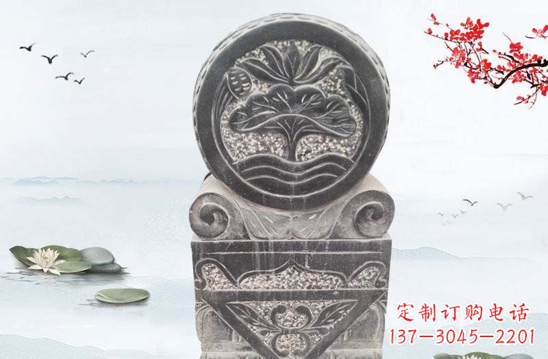 烟台青石连年有余浮雕石门墩