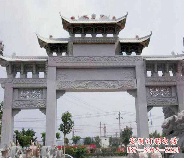 烟台中领雕塑-三门牌坊大理石石雕