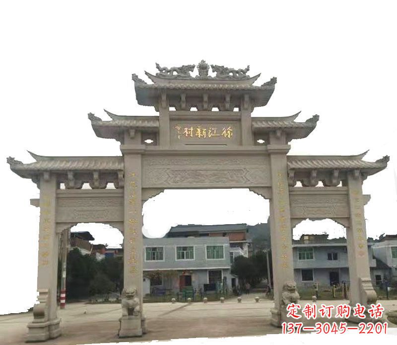 烟台三门牌坊仿古石雕,雕刻精美传承传统