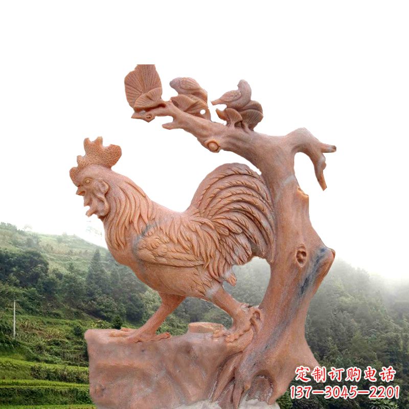 烟台中领雕塑:酉鸡晚霞红石动物雕塑