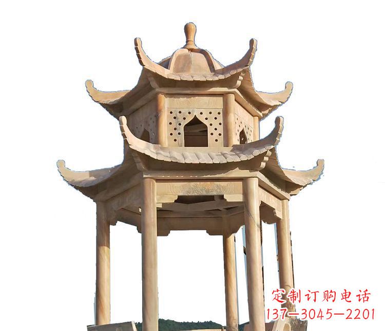 烟台双层晚霞红凉亭石雕 (2)