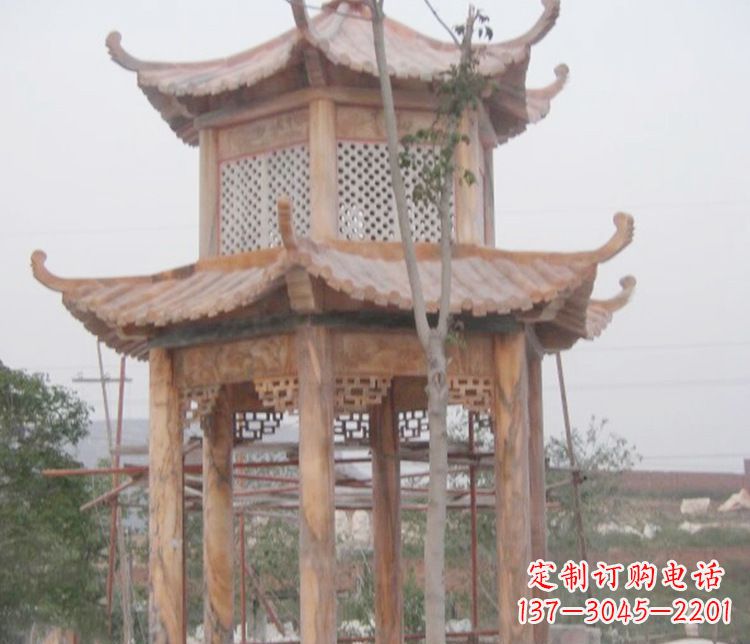烟台双层晚霞红石凉亭石雕 (2)