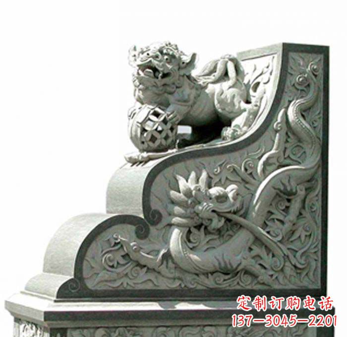 烟台寺庙景观玩绣球狮子石雕门墩
