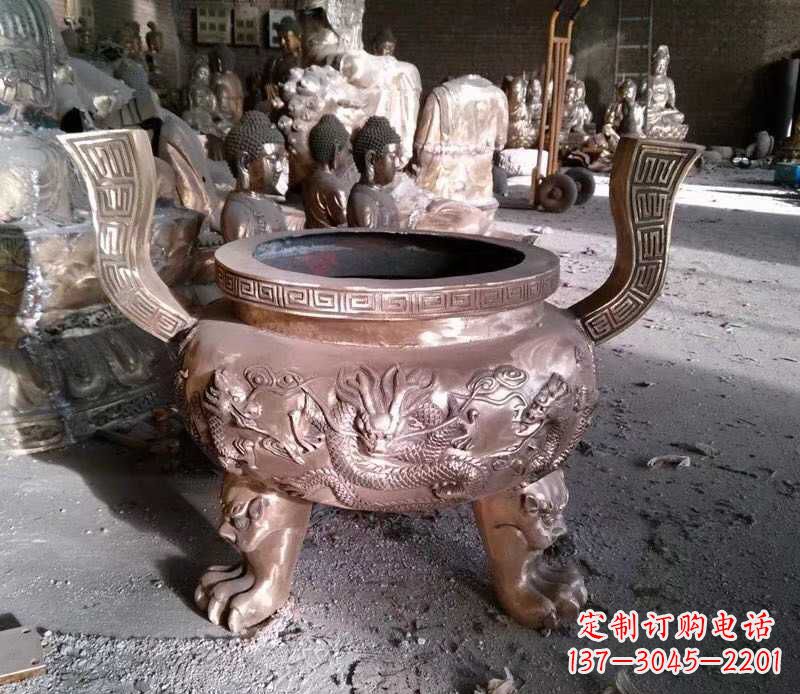 烟台寺庙龙浮雕圆铜雕香炉