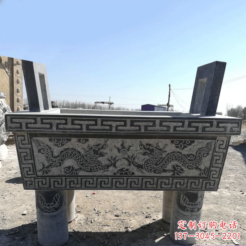 烟台寺庙墓地祭祀四足方鼎,青石仿古石雕香炉