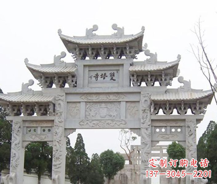 烟台寺庙三门牌坊石雕 (2)
