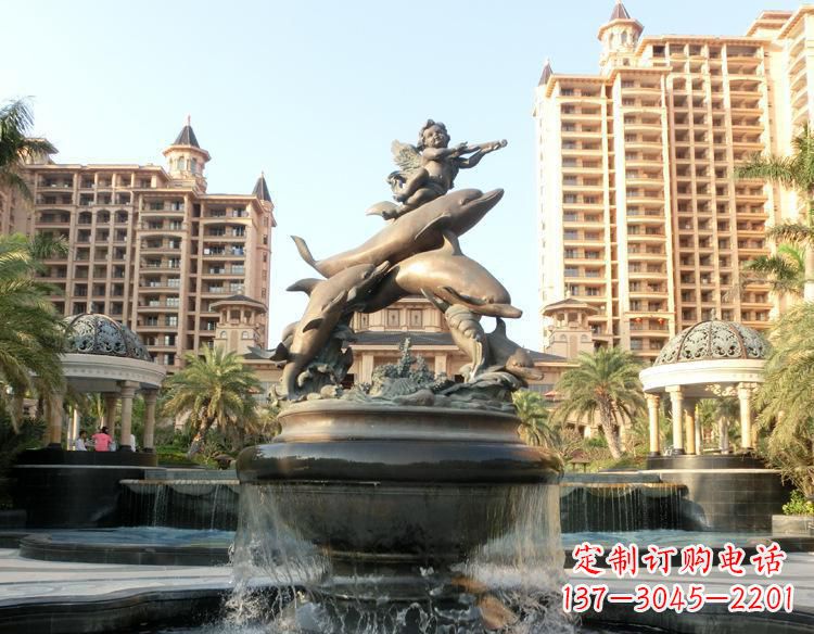 烟台跳跃的海豚和小天使喷泉铜雕