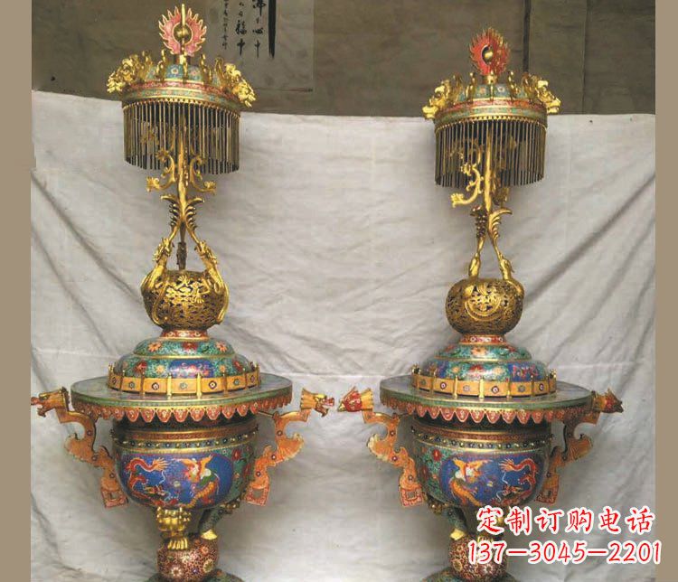 烟台铜雕彩绘香炉景观摆件