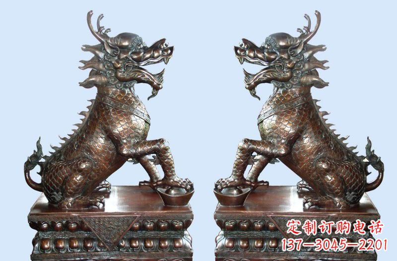 烟台铜雕踩元宝招财麒麟