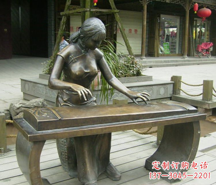 烟台铜雕现代人物弹古筝雕塑