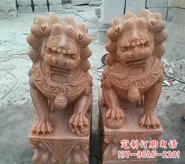 烟台晚霞红传统狮子石雕