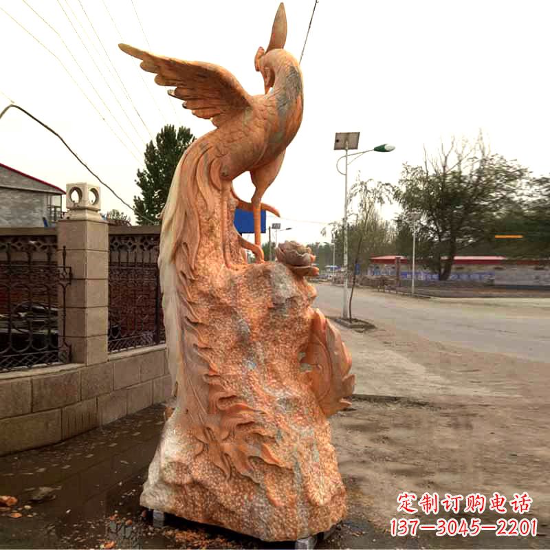 烟台晚霞红大理石瑞鸟凤凰雕塑