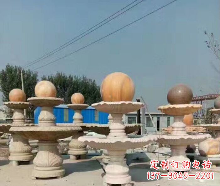 烟台晚霞红多层风水球喷泉石雕