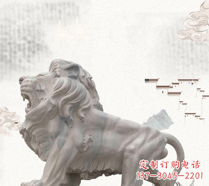 烟台晚霞红公园动物仿真狮子石雕