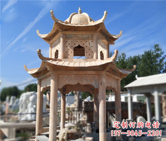 烟台晚霞红公园双层六角凉亭石雕