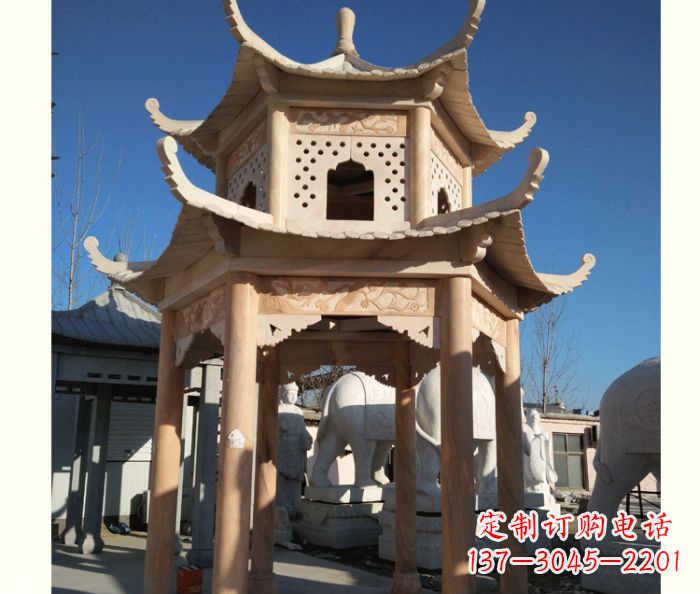 烟台晚霞红公园双层六角凉亭石雕 (2)
