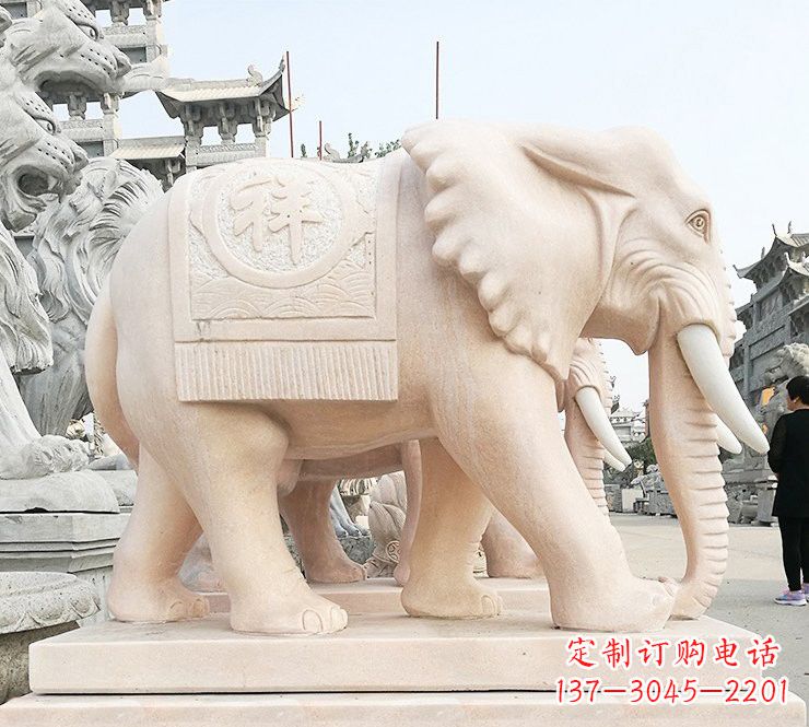 烟台晚霞红吉祥如意大象石雕