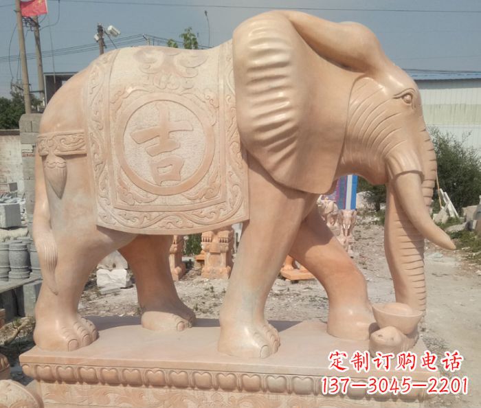 烟台晚霞红吉祥如意门口大象石雕 (2)