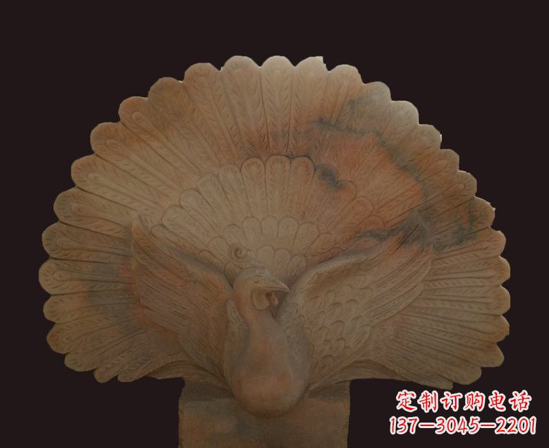 烟台晚霞红开屏孔雀石雕