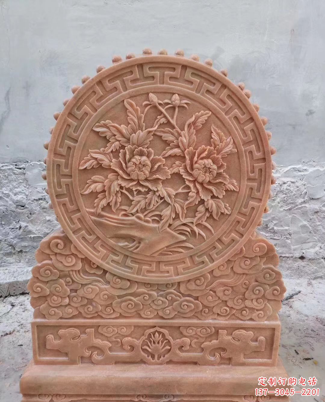 烟台晚霞红牡丹花浮雕石门墩