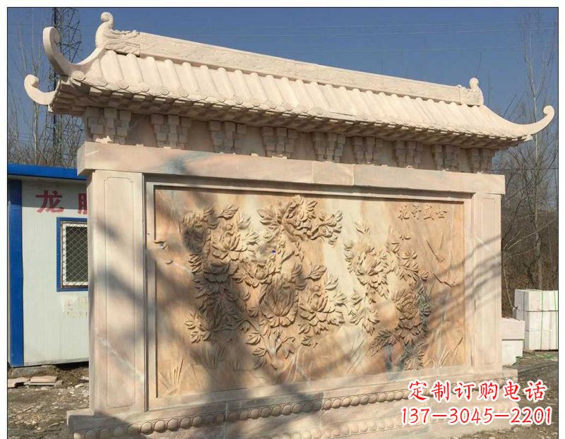 烟台晚霞红牡丹花浮雕影壁