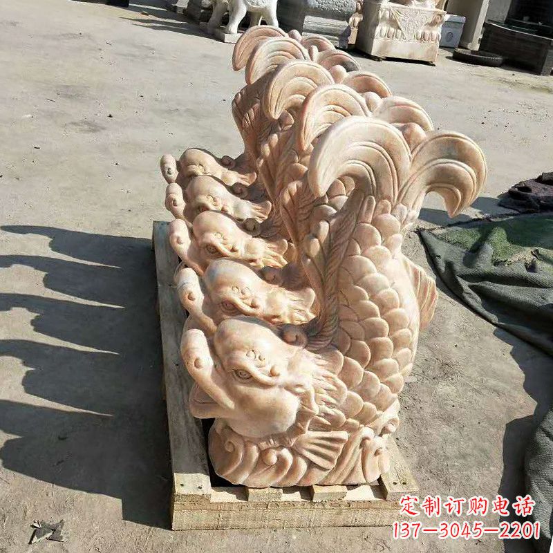 烟台晚霞红喷水鱼石雕-园林水景喷泉动物雕塑摆件