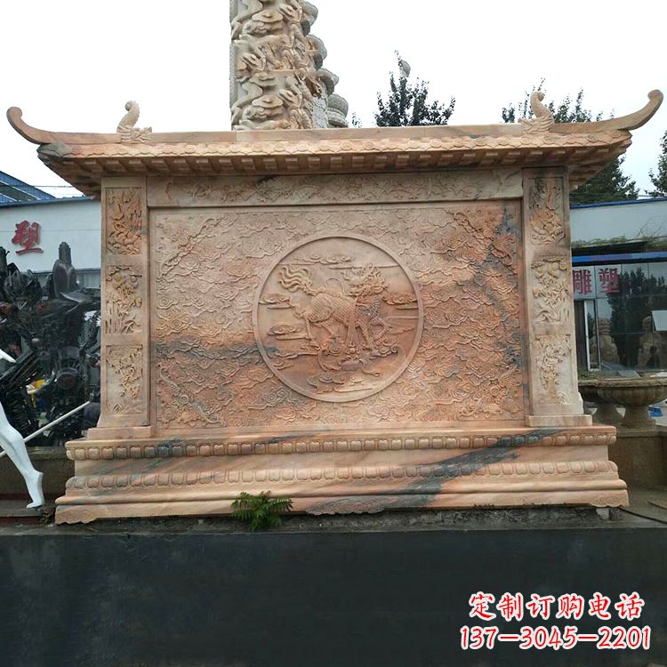 烟台晚霞红麒麟影壁墙石雕