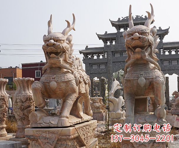 烟台晚霞红瑞兽麒麟石雕 (2)