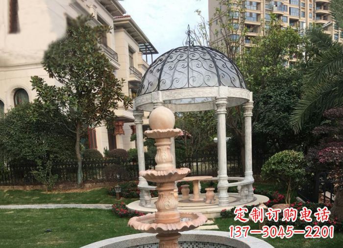 烟台晚霞红三层风水球喷泉小区石雕
