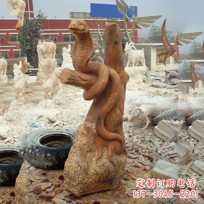 烟台晚霞红蛇石雕-12生肖动物雕塑