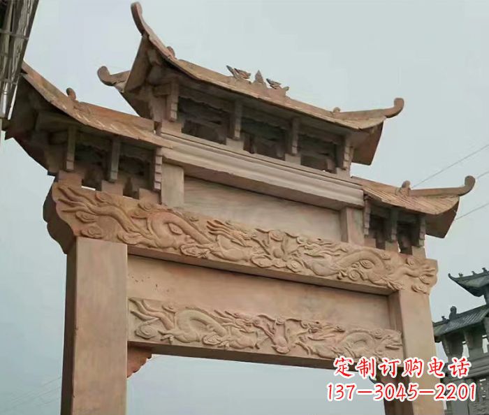 烟台晚霞红石雕单门牌坊