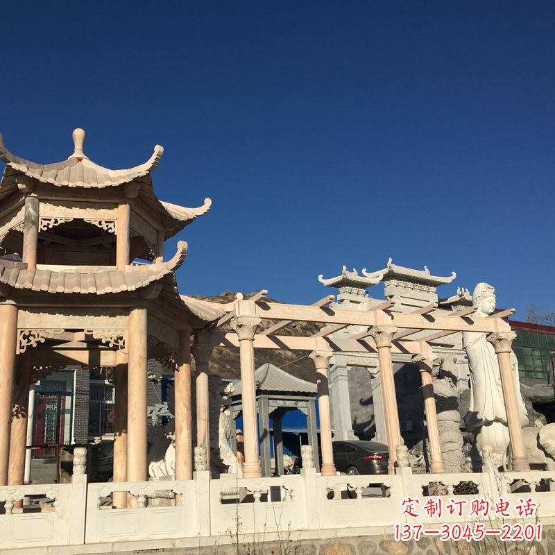烟台晚霞红石雕凉亭花架