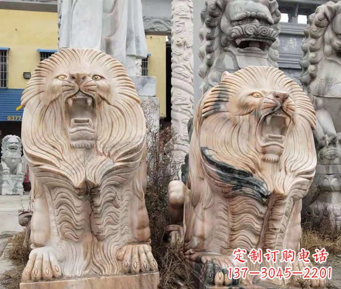 烟台晚霞红石雕欧式石狮子