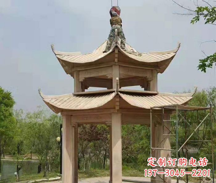 烟台晚霞红双层凉亭石雕 (2)