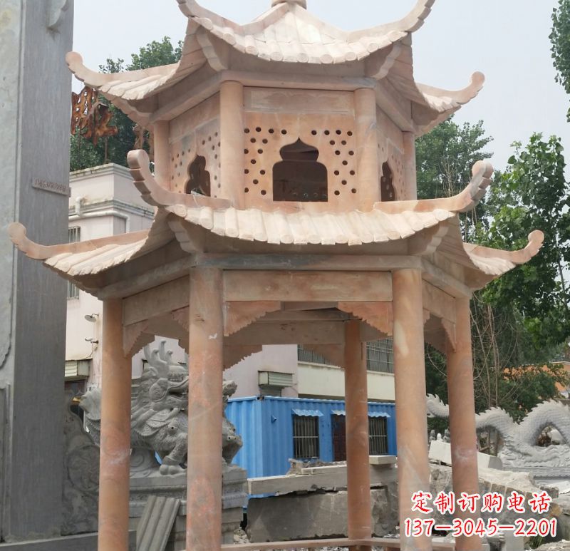 烟台晚霞红双层六角凉亭石雕 (2)