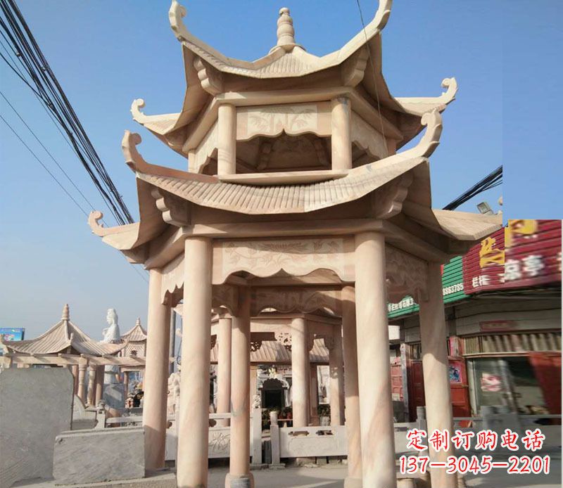 烟台晚霞红双层六角凉亭石雕 (3)